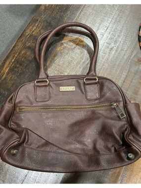 Brown ROXY Leather Tote Bag with Front Zip Pocket